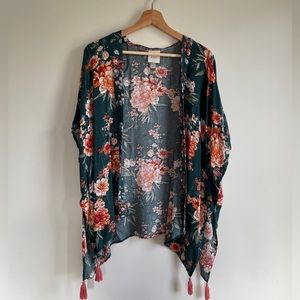Knox Rose Green Orange Floral Kimono Cardigan With Tassles